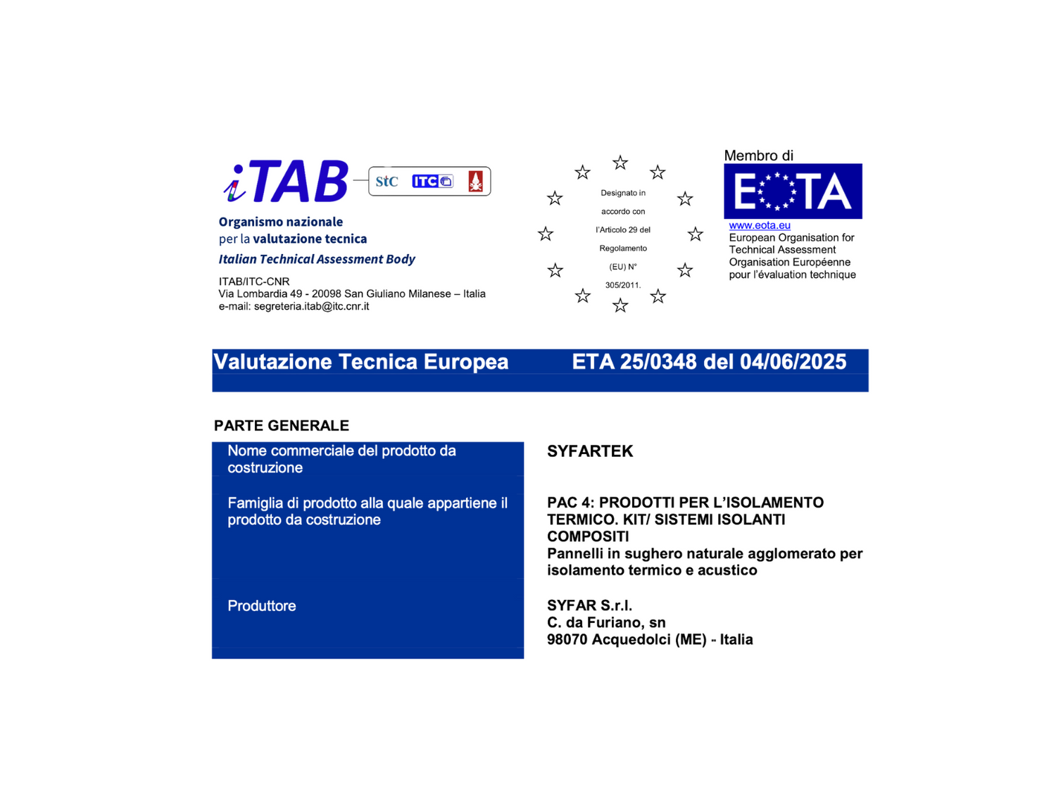 Syfar ottiene la Certificazione CE per i pannelli in sughero